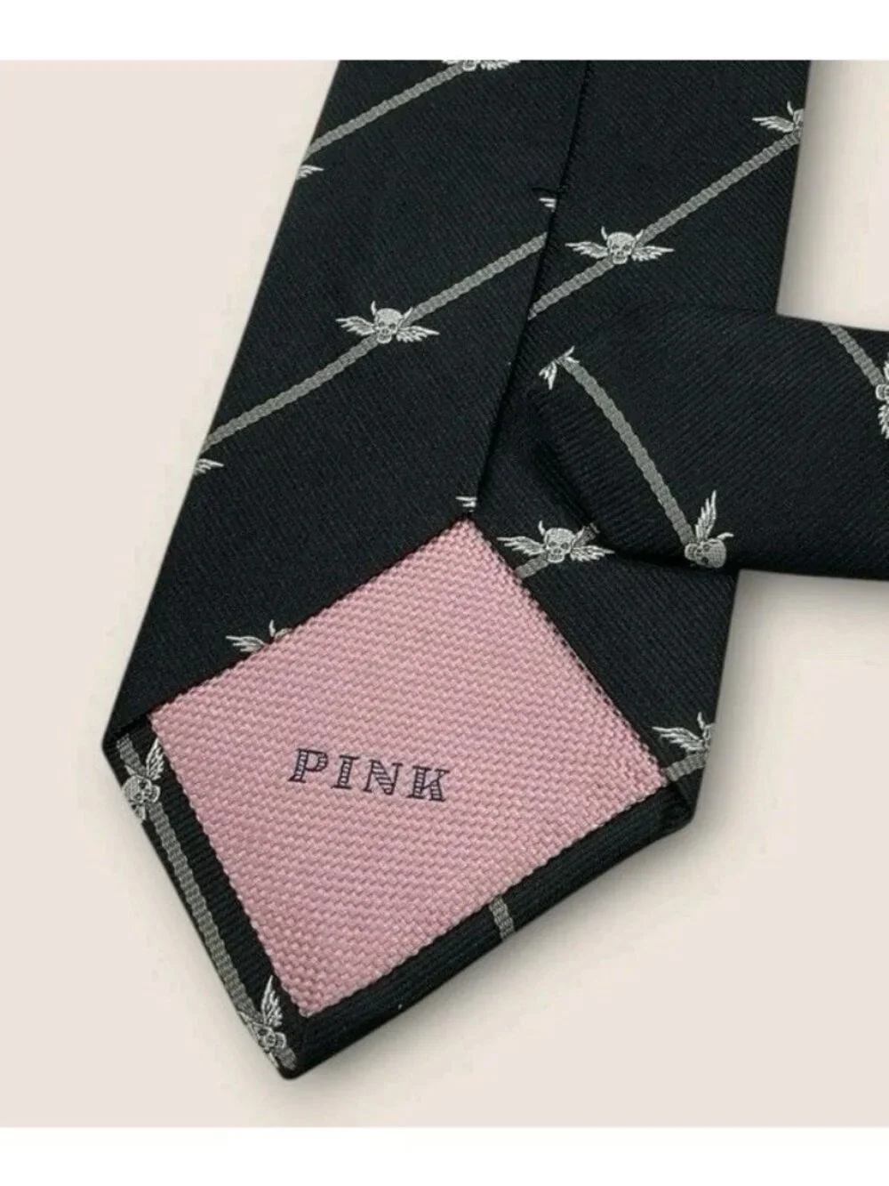 THOMAS PINK Silk Tie Black Gray White Striped Skull Wings W:3.4